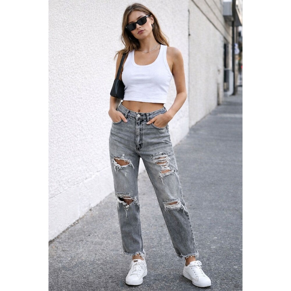 American Eagle High Rise Distressed Jeans Womens Size 4 Long Gray Ripped Raw Hem